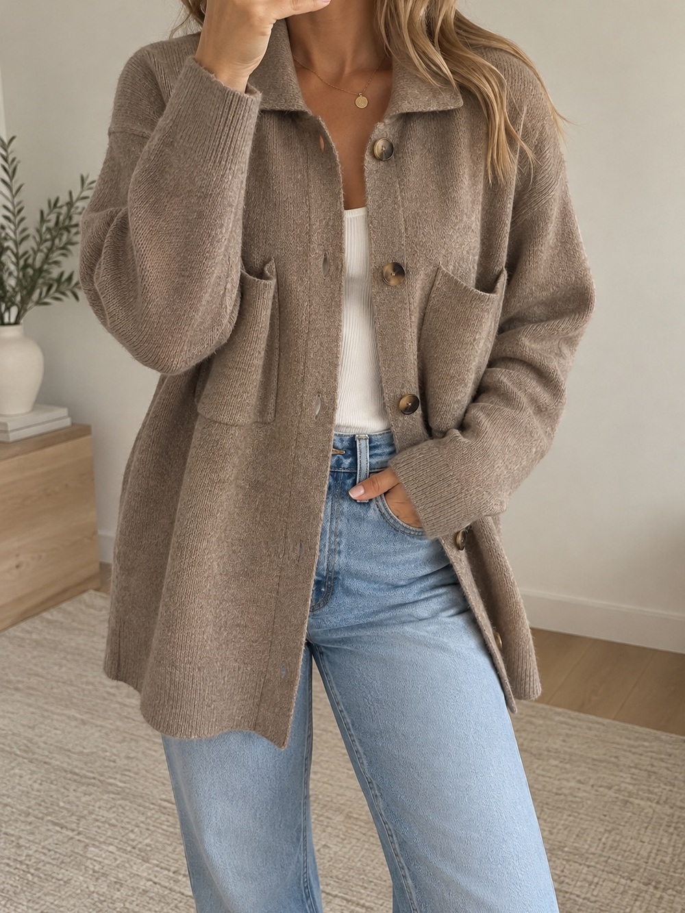 Cozy Taupe Button-Front Knit Shacket